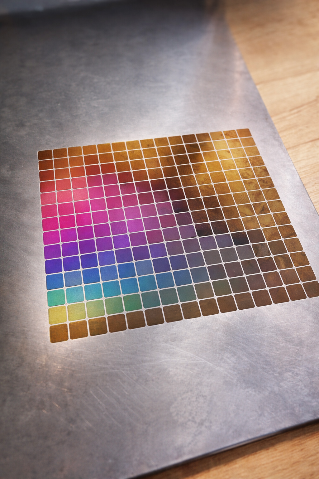 farbenfrohes-gitter-auf-edelstahl